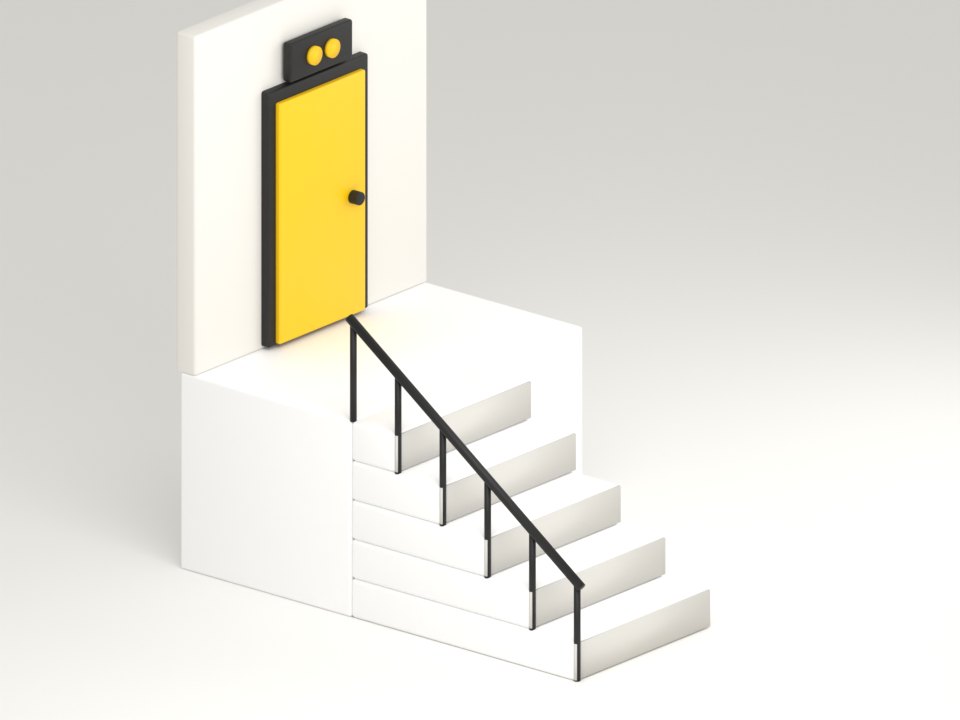 Illustration of a yellow shop door at the top of a staircase