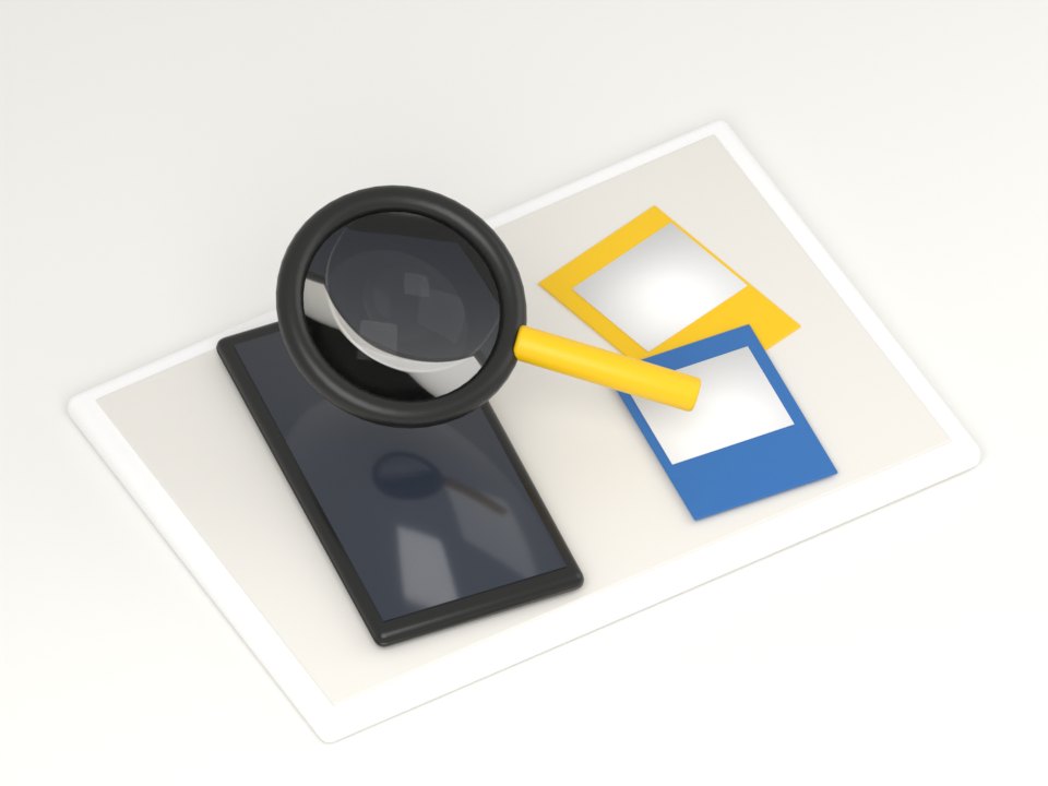 Illustration of a smartphone and trading cards on a tray being checked with a magnifying glass
