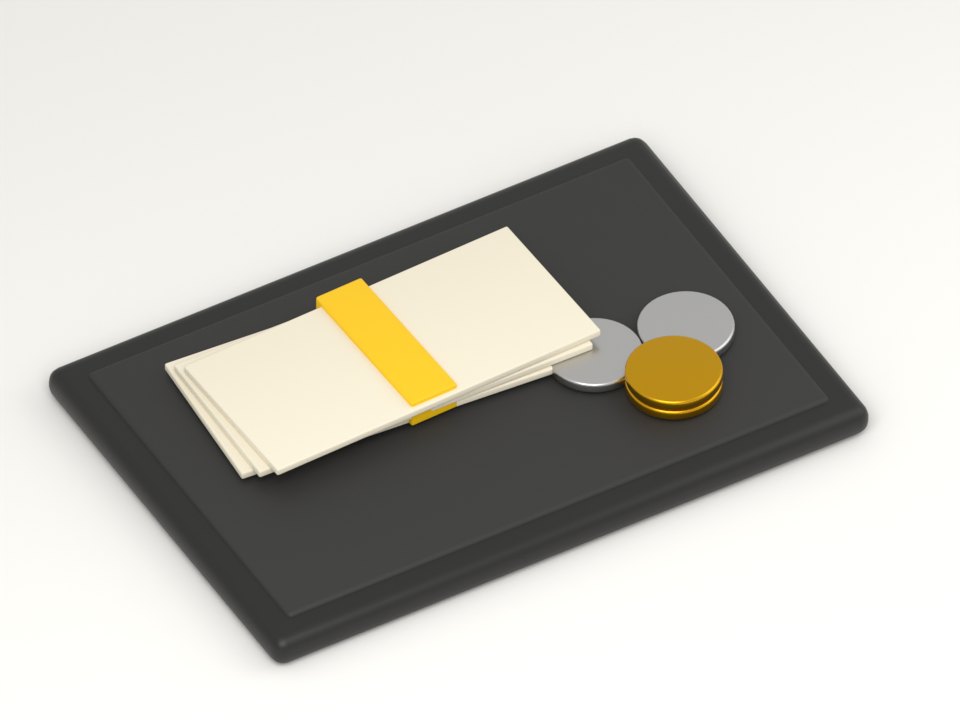 Illustration of banknotes and coins on a cash tray