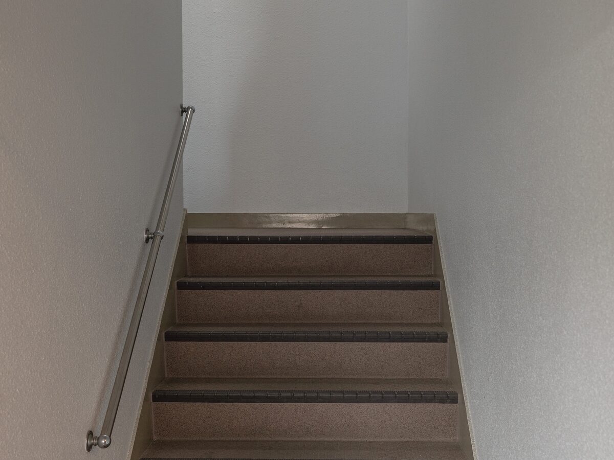 The stairs to the 2nd floor, with a handrail on the left. Go up a few steps, then turn around and keep climbing.